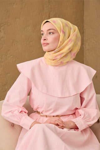 İnce Pamuk Soft Eşarp Sarı-Pembe Desenli Nefes Alan Tok Duruşlu 90X90