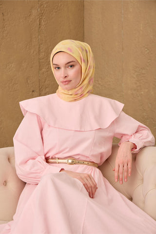 İnce Pamuk Soft Eşarp Sarı-Pembe Desenli Nefes Alan Tok Duruşlu 90X90