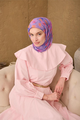 İnce Pamuk Soft Eşarp Eflatun-Pembe Turuncu Desenli Nefes Alan Tok Duruşlu
                90X90