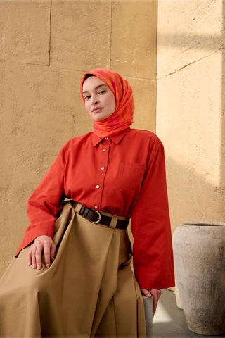 İnce Pamuk Soft Eşarp Nar Çiçeği-Pembe Yanık Sarı Desenli Nefes Alan Tok
                Duruşlu 90X90