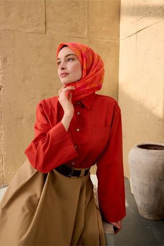 İnce Pamuk Soft Eşarp Nar Çiçeği-Pembe Yanık Sarı Desenli Nefes Alan Tok
                Duruşlu 90X90