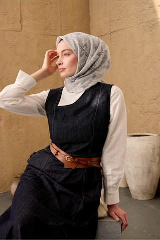 İnce Pamuk Soft Eşarp Gümüş-Gri Füme Desenli Nefes Alan Tok Duruşlu 90X90