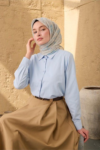 İnce Pamuk Soft Eşarp Gümüş-Vizon Bebe Mavi Desenli Nefes Alan Tok Duruşlu
                90X90