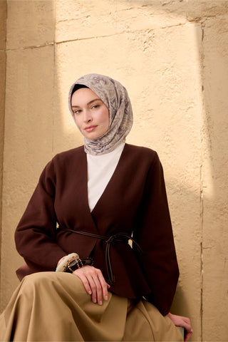 Thin Cotton Soft Scarf, Mink-Beige Pastel Purple Patterned, Breathable, and Well-Matched, 90x90 cm.
