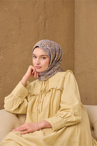 İnce Pamuk Soft Eşarp Vizon-Koyu Vizon-Hardal Desenli Nefes Alan Tok Duruşlu 90X90 - Soft Eşarp - | Silk Home