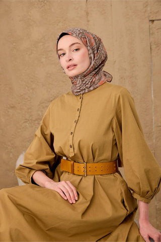 İnce Pamuk Soft Eşarp Vizon-Kahve Bej-Turuncu Desenli Nefes Alan Tok Duruşlu 90X90 - Soft Eşarp - | Silk Home