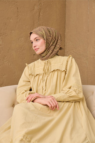İnce Pamuk Soft Eşarp Yeşil Kahve-Yeşil-Olive Desenli Nefes Alan Tok Duruşlu 90X90 - Soft Eşarp - | Silk Home