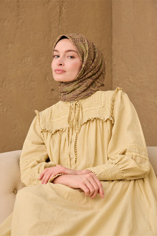 İnce Pamuk Soft Eşarp Yeşil Kahve-Yeşil-Olive Desenli Nefes Alan Tok Duruşlu 90X90 - Soft Eşarp - | Silk Home