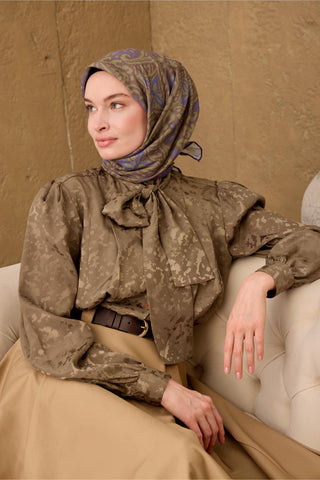 İnce Pamuk Soft Eşarp Kahve Gri-Yeşil-Eflatun Desenli Nefes Alan Tok Duruşlu 90X90 - Soft Eşarp - | Silk Home