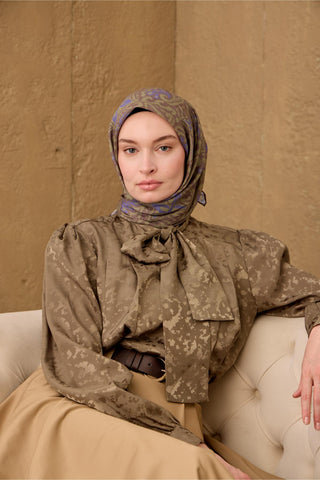 İnce Pamuk Soft Eşarp Kahve Gri-Yeşil-Eflatun Desenli Nefes Alan Tok Duruşlu 90X90 - Soft Eşarp - | Silk Home