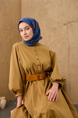 İnce Pamuk Soft Eşarp Çivit Mavi-Turuncu-Eflatun Desenli Nefes Alan Tok Duruşlu 90X90