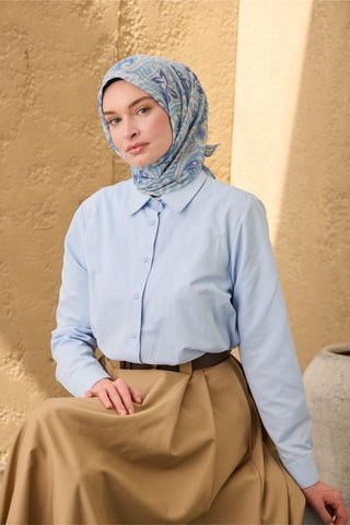 İnce Pamuk Soft Eşarp Bebe Mavi-Beyaz-Mor Desenli Nefes Alan Tok Duruşlu 90X90