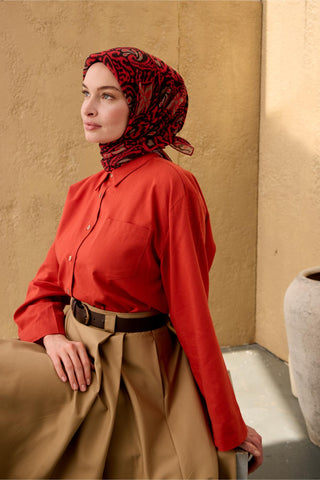 İnce Pamuk Soft Eşarp Açık Kırmızı-Soluk Siyah-Vizon Desenli Nefes Alan Tok
                Duruşlu 90X90