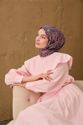 İnce Pamuk Soft Eşarp Funda-Pembe-Taş Desenli Nefes Alan Tok Duruşlu 90X90