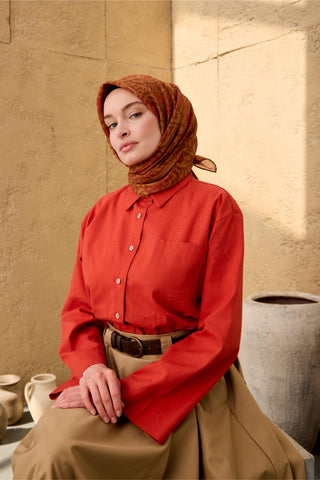 İnce Pamuk Soft Eşarp Olive-Kiremit-Oksit Kahve Desenli Nefes Alan Tok Duruşlu
                90X90