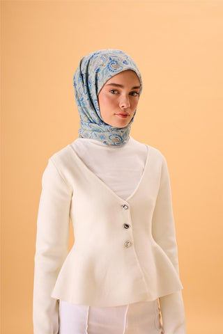 İnce Pamuk Soft Eşarp Su Yeşili-Gök Mavi Desenli Kaymaz Dokulu Tok Duruşlu 90X90 - Soft Eşarp - | Silk Home