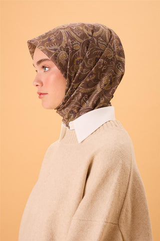 İnce Pamuk Soft Eşarp Kahve Yeşili-Hardal Desenli Kaymaz Dokulu Tok Duruşlu 90X90