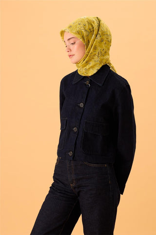 İnce Pamuk Soft Eşarp Asit Sarı-Antrasit Desenli Kaymaz Dokulu Tok Duruşlu 90X90 - Soft Eşarp - | Silk Home