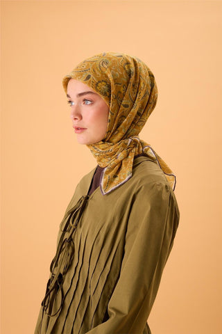 İnce Pamuk Soft Eşarp Koyu Turuncu-Su Yeşili Desenli Kaymaz Dokulu Tok Duruşlu 90X90 - Soft Eşarp - | Silk Home
