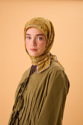 İnce Pamuk Soft Eşarp Koyu Turuncu-Su Yeşili Desenli Kaymaz Dokulu Tok Duruşlu 90X90 - Soft Eşarp - | Silk Home