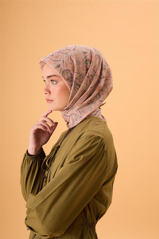 Thin Cotton Soft Scarf, Powder Pink-Green Patterned, Non-Slip Textured, Firm Structure, 90x90 cm