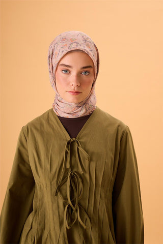 Thin Cotton Soft Scarf, Powder Pink-Green Patterned, Non-Slip Textured, Firm Structure, 90x90 cm