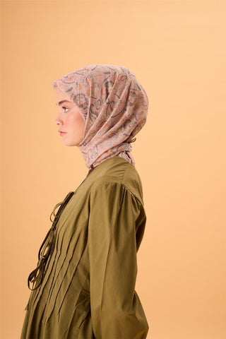 Thin Cotton Soft Scarf, Powder Pink-Green Patterned, Non-Slip Textured, Firm Structure, 90x90 cm