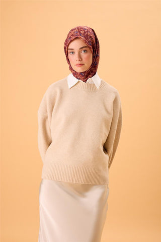 İnce Pamuk Soft Eşarp Kiremit-Bordo Desenli Kaymaz Dokulu Tok Duruşlu 90X90 - Soft Eşarp - | Silk Home