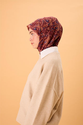 İnce Pamuk Soft Eşarp Kiremit-Bordo Desenli Kaymaz Dokulu Tok Duruşlu 90X90 - Soft Eşarp - | Silk Home