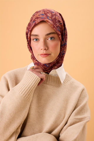 İnce Pamuk Soft Eşarp Kiremit-Bordo Desenli Kaymaz Dokulu Tok Duruşlu 90X90 - Soft Eşarp - | Silk Home