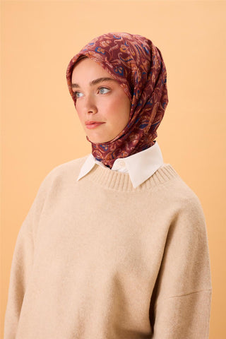 İnce Pamuk Soft Eşarp Kiremit-Bordo Desenli Kaymaz Dokulu Tok Duruşlu 90X90