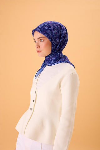 İnce Pamuk Soft Eşarp Morcivert-Lila Desenli Tok Duruşlu 90X90 - Soft Eşarp - | Silk Home
