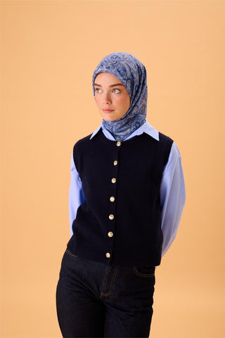 İnce Pamuk Soft Eşarp Saks-İndigo Desenli Tok Duruşlu 90X90 - Soft Eşarp - | Silk Home