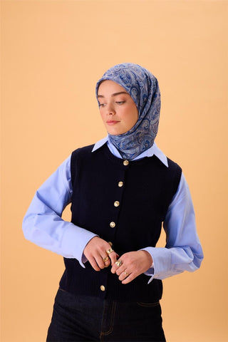 İnce Pamuk Soft Eşarp Saks-İndigo Desenli Tok Duruşlu 90X90 - Soft Eşarp - | Silk Home