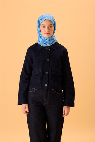 İnce Pamuk Soft Eşarp Gök Mavi-Saks Desenli Tok Duruşlu 90X90 - Soft Eşarp - | Silk Home