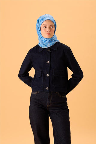 İnce Pamuk Soft Eşarp Gök Mavi-Saks Desenli Tok Duruşlu 90X90 - Soft Eşarp - | Silk Home