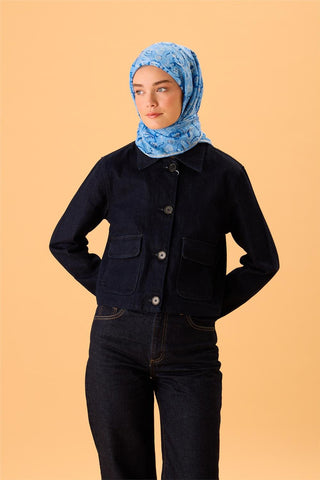 İnce Pamuk Soft Eşarp Gök Mavi-Saks Desenli Tok Duruşlu 90X90 - Soft Eşarp - | Silk Home