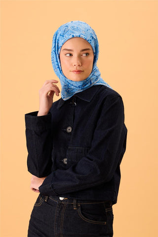 İnce Pamuk Soft Eşarp Gök Mavi-Saks Desenli Tok Duruşlu 90X90 - Soft Eşarp - | Silk Home