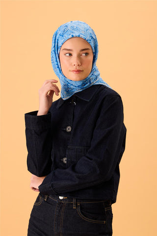 İnce Pamuk Soft Eşarp Gök Mavi-Saks Desenli Tok Duruşlu 90X90