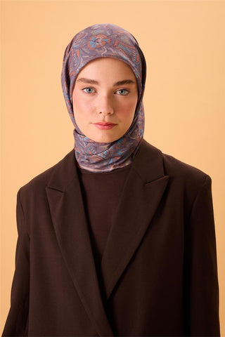 İnce Pamuk Soft Eşarp Mor-Gök Mavi Desenli Tok Duruşlu 90X90 - Soft Eşarp - | Silk Home
