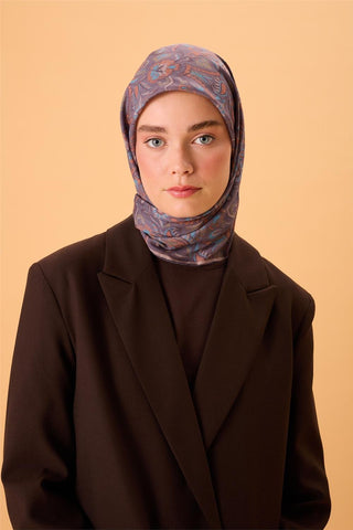 İnce Pamuk Soft Eşarp Mor-Gök Mavi Desenli Tok Duruşlu 90X90 - Soft Eşarp - | Silk Home