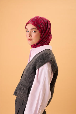 İnce Pamuk Soft Eşarp Fuşya-Çilek Kırmızısı Desenli Tok Duruşlu 90X90 - Soft Eşarp - | Silk Home