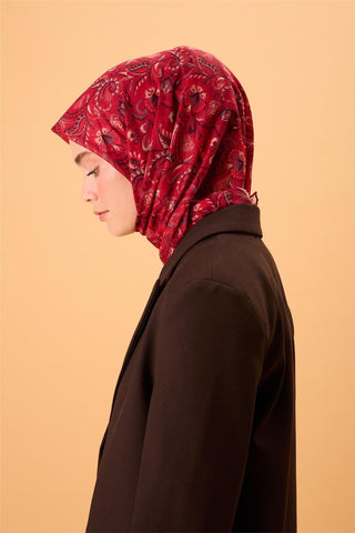 İnce Pamuk Soft Eşarp Koyu Kırmızı-Siyah Desenli Tok Duruşlu 90X90 - Soft Eşarp - | Silk Home