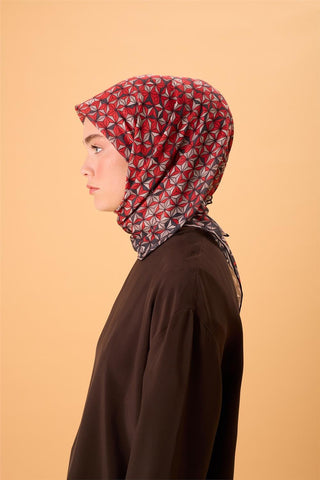 İnce Pamuk Soft Eşarp Antrasit-Kırmızı Geometrik Desenli Tok Duruşlu 90X90 - Soft Eşarp - | Silk Home