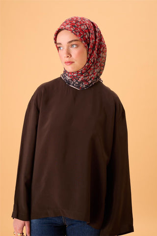 İnce Pamuk Soft Eşarp Antrasit-Kırmızı Geometrik Desenli Tok Duruşlu 90X90 - Soft Eşarp - | Silk Home