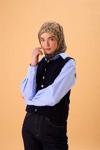İnce Pamuk Soft Eşarp Antrasit-Bej Geometrik Desenli Tok Duruşlu 90X90 - Soft Eşarp - | Silk Home