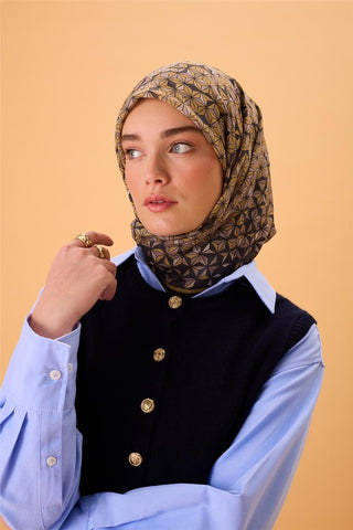 İnce Pamuk Soft Eşarp Antrasit-Bej Geometrik Desenli Tok Duruşlu 90X90 - Soft Eşarp - | Silk Home