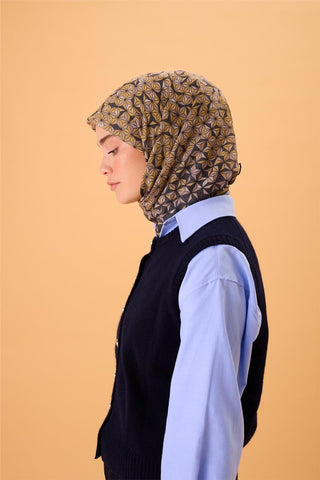 İnce Pamuk Soft Eşarp Antrasit-Bej Geometrik Desenli Tok Duruşlu 90X90 - Soft Eşarp - | Silk Home
