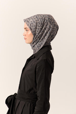 İnce Pamuk Soft Eşarp Koyu Gri-Vizon Geometrik Desenli Tok Duruşlu 90X90