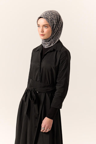 İnce Pamuk Soft Eşarp Koyu Gri-Vizon Geometrik Desenli Tok Duruşlu 90X90